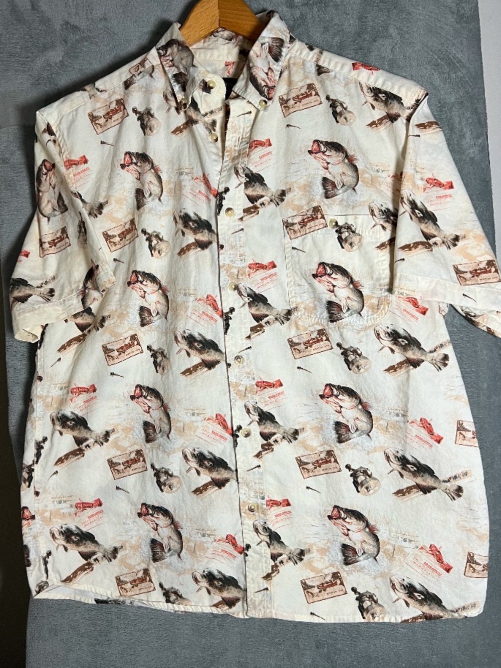 Fish Print Button Up‎ Cotton Men Top Cotton Trader Sport size Large